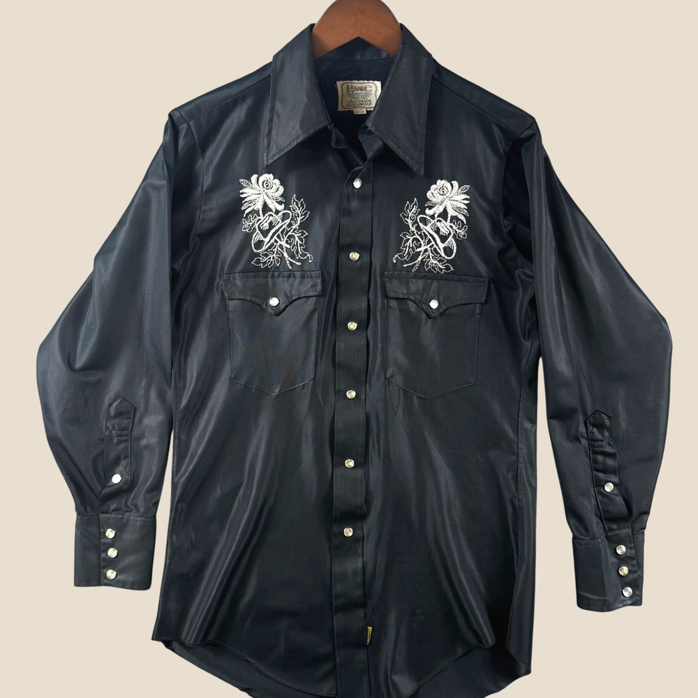 Vintage 70s H Bar‎ C Western Shirt Men 15-32 Black Johnny Cash Pearl Snap Cowboy